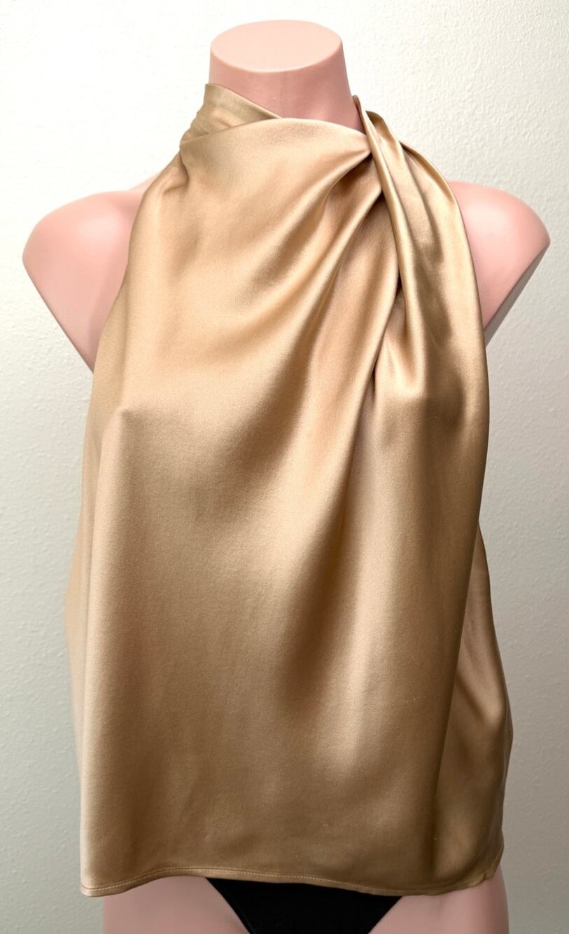 The Sei Champagne Silk High Neck Drape Blouse Women's US 2